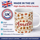 Personalized Custom Name Cute Gingerbread Cookies Stars Hearts Snowflakes Seamless Pattern 11oz Ceramic Coffee Tea Mug White Large Handle