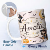 Personalized Custom Name Halloween Witch Cat Moon Stars Spooky Night Blush Seamless Pattern 11oz Ceramic Coffee Tea Mug White Large Handle