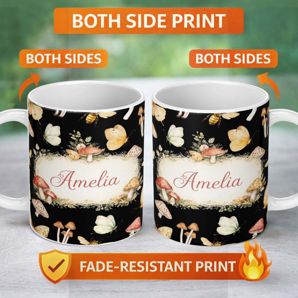 Personalized Custom Name Pastel Watercolor Butterflies Black Background Seamless Pattern 11oz Ceramic Coffee Tea Mug White Large Handle