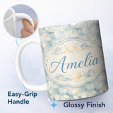 Personalized Custom Name Soft Beige Moon and Cloud Watercolor Seamless Pattern Lovely 11oz Ceramic Coffee Tea Mug White Large Handle