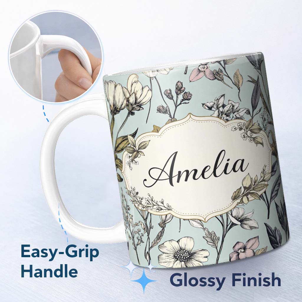 Personalized Custom Name Vintage Botanical Floral Sketch Pattern Blue Background Lovely 11oz Ceramic Coffee Tea Mug White Large Handle
