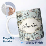 Personalized Custom Name Vintage Botanical Floral Sketch Pattern Blue Background Lovely 11oz Ceramic Coffee Tea Mug White Large Handle