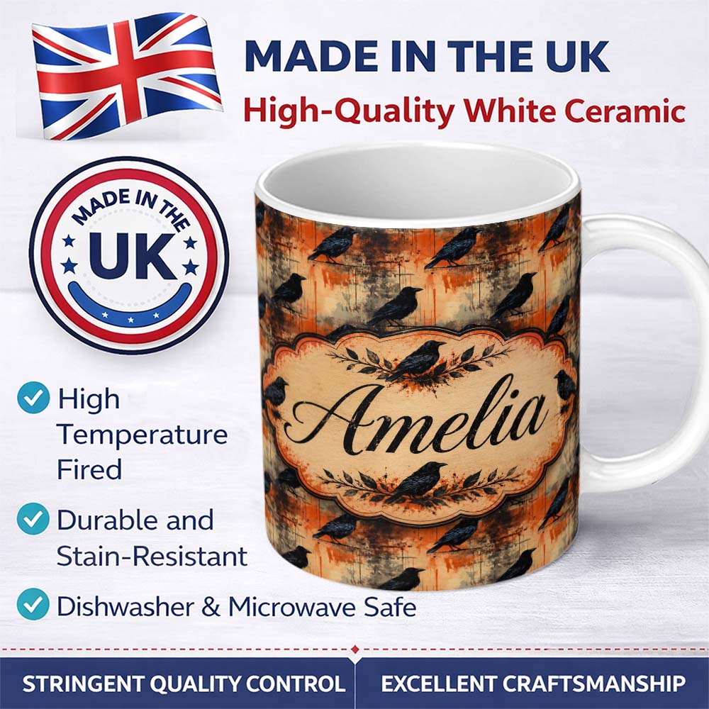 Personalized Custom Name Grunge Gothic Raven with Black Crows on Distressed Orange and Beige 11oz Ceramic Coffee Tea Mug White Large Handle