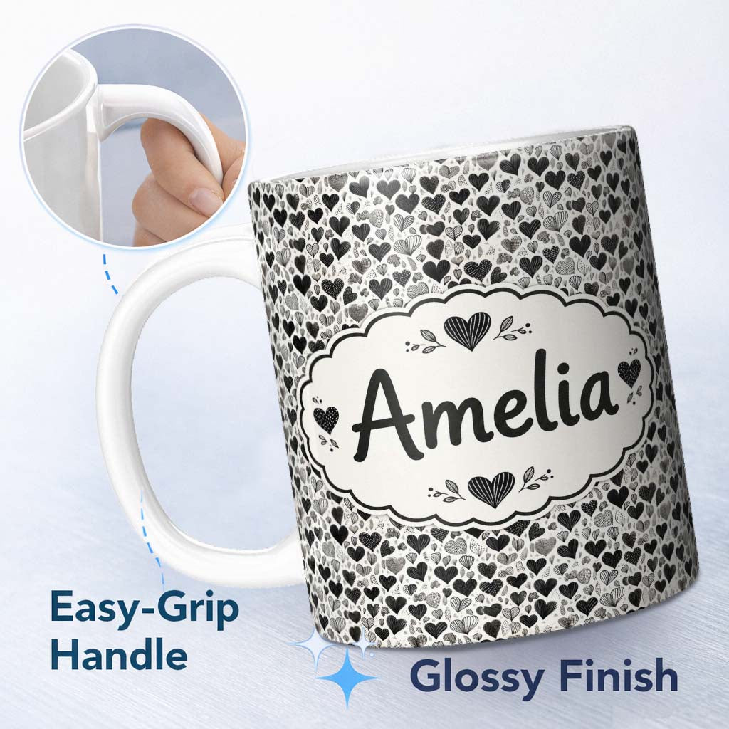 Personalized Custom Name Black and White Hand Drawn Hearts Doodle Seamless Pattern Romantic 11oz Ceramic Coffee Tea Mug White Large Handle