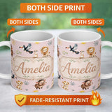 Personalized Custom Name Jungle Animals Lion Meerkat Toucan Boar on Dusty Pink Seamless 11oz Ceramic Coffee Tea Mug White Large Handle