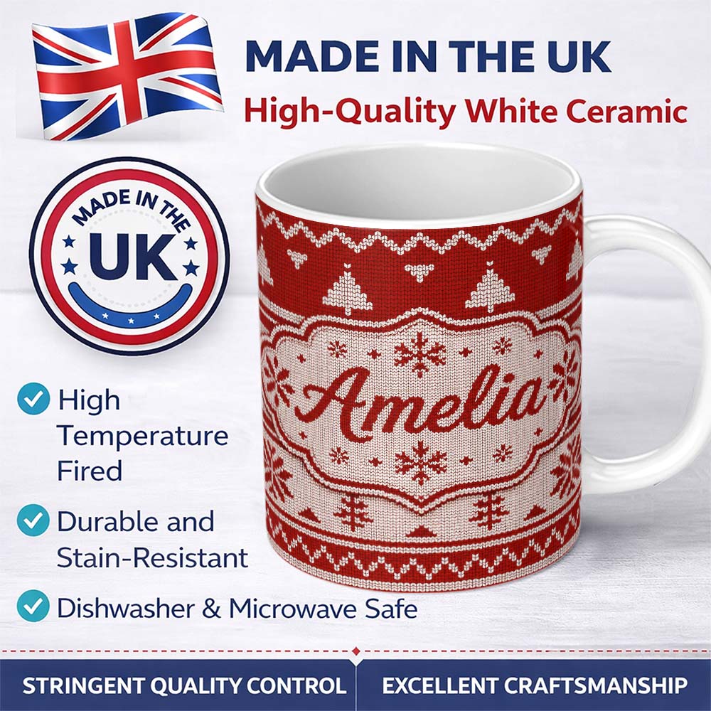 Personalized Custom Name Red Nordic Christmas Tree Snowflake Knitted Seamless Pattern Lovely 11oz Ceramic Coffee Tea Mug White Large Handle
