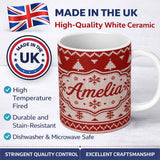Personalized Custom Name Red Nordic Christmas Tree Snowflake Knitted Seamless Pattern Lovely 11oz Ceramic Coffee Tea Mug White Large Handle