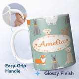 Personalized Custom Name Mixed Dog Breeds Cute Pets Green Background Seamless Pattern Lovely 11oz Ceramic Coffee Tea Mug White Large Handle