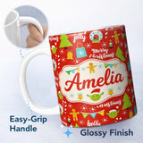 Personalized Custom Name Merry Christmas Holiday Red Festive Seamless Pattern Lovely 11oz Ceramic Coffee Tea Mug White Large Handle