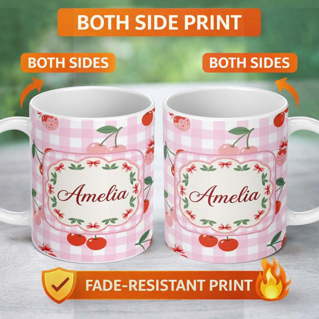 Personalized Custom Name Cute Cherry Fruit with Bow and Sprinkles Pattern Pink Gingham Check 11oz Ceramic Coffee Tea Mug White Large Handle