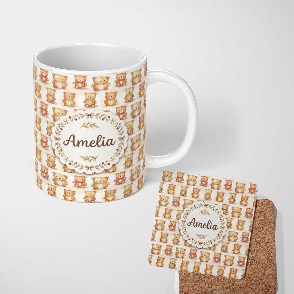 Personalized Custom Name Watercolor Cute Teddy Bear Soft Pastel Seamless Pattern Lovely 11oz Ceramic Coffee Tea Mug White Large Handle