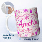 Personalized Custom Name Pink Candle Snowflake Winter Festive Seamless Pattern Lovely 11oz Ceramic Coffee Tea Mug White Large Handle