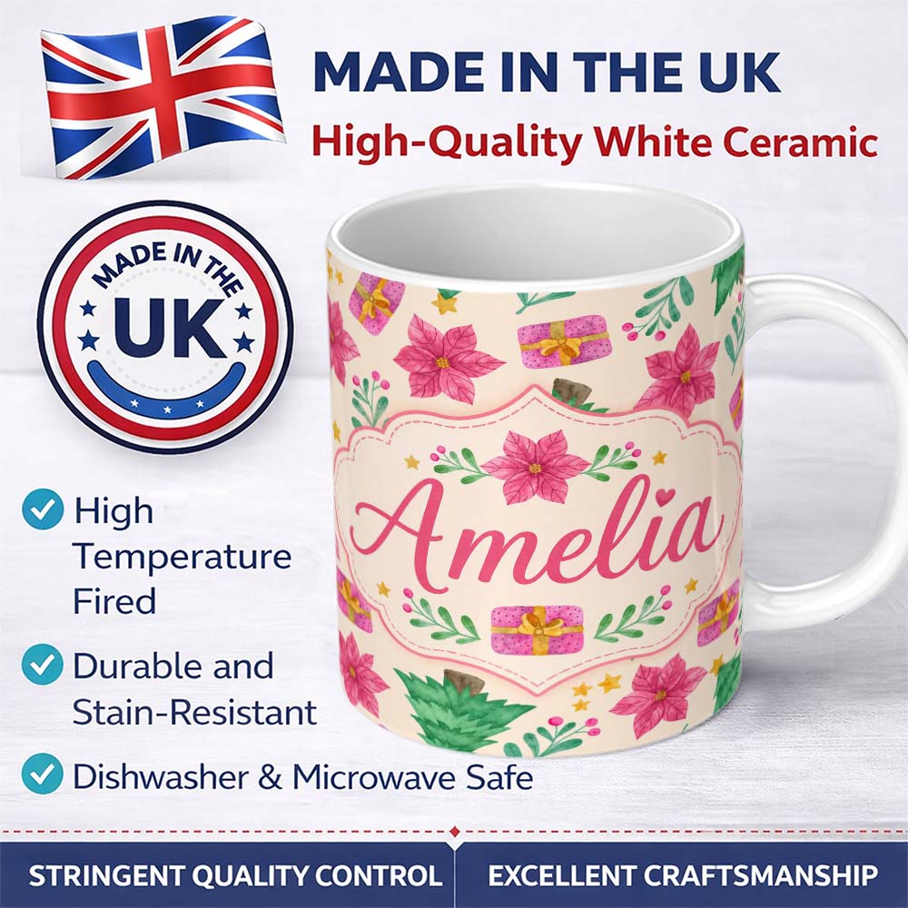 Personalized Custom Name Watercolor Christmas Tree Poinsettia Gift Seamless Pattern Lovely 11oz Ceramic Coffee Tea Mug White Large Handle