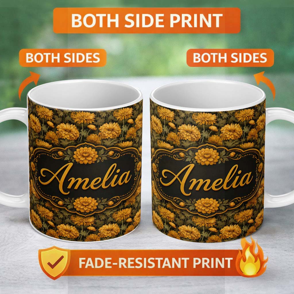 Personalized Custom Name Painterly Orange Floral Pattern with Loose Brushstroke Chrysanthemum 11oz Ceramic Coffee Tea Mug White Large Handle