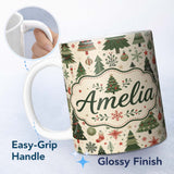 Personalized Custom Name Classic Christmas Trees Ornaments Gifts Snowflakes Festive Seamless 11oz Ceramic Coffee Tea Mug White Large Handle