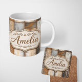 Personalized Custom Name Vintage Mixed Wood Panel Patchwork Rustic Seamless Pattern Lovely 11oz Ceramic Coffee Tea Mug White Large Handle