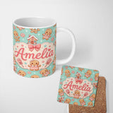 Personalized Custom Name Cute Christmas Gingerbread Characters Candy House Pattern Teal 11oz Ceramic Coffee Tea Mug White Large Handle
