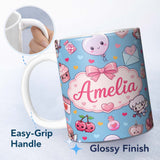 Personalized Custom Name Cute Cupid Angels Hearts Sweets Balloon Love Elements Pattern Blue 11oz Ceramic Coffee Tea Mug White Large Handle