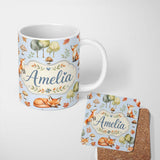 Personalized Custom Name Woodland Fox with Trees Leaves Mushrooms Soft Blue Seamless Pattern 11oz Ceramic Coffee Tea Mug White Large Handle