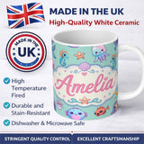 Personalized Custom Name Cute Kawaii Mermaid Seahorse Jellyfish and Starfish Mint Background 11oz Ceramic Coffee Tea Mug White Large Handle