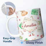 Personalized Custom Name Cute Christmas Gnome Present Candy Cane Holiday Seamless Pattern 11oz Ceramic Coffee Tea Mug White Large Handle