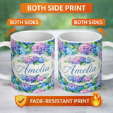 Personalized Custom Name Vibrant Blue Pink Hydrangea Garden Floral Seamless Pattern Lovely 11oz Ceramic Coffee Tea Mug White Large Handle