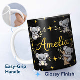Personalized Custom Name Cute Cartoon Koala Bears with Yellow Stars on Black Background 11oz Ceramic Coffee Tea Mug White Large Handle