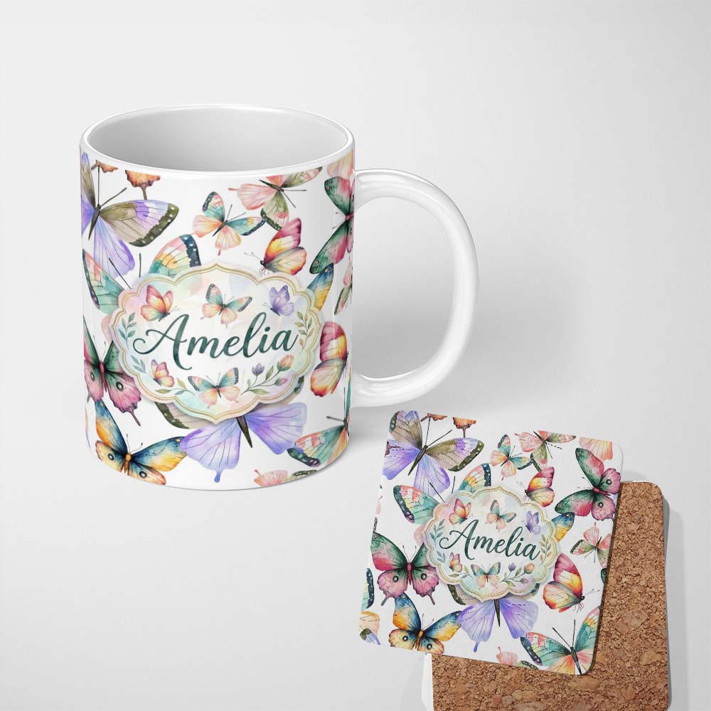 Personalized Custom Name Pastel Watercolor Butterflies Yellow Background Seamless Pattern 11oz Ceramic Coffee Tea Mug White Large Handle