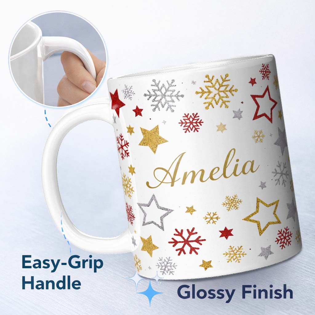Personalized Custom Name Festive Stars and Snowflakes Pattern White Background Seamless 11oz Ceramic Coffee Tea Mug White Large Handle