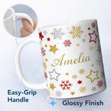 Personalized Custom Name Festive Stars and Snowflakes Pattern White Background Seamless 11oz Ceramic Coffee Tea Mug White Large Handle