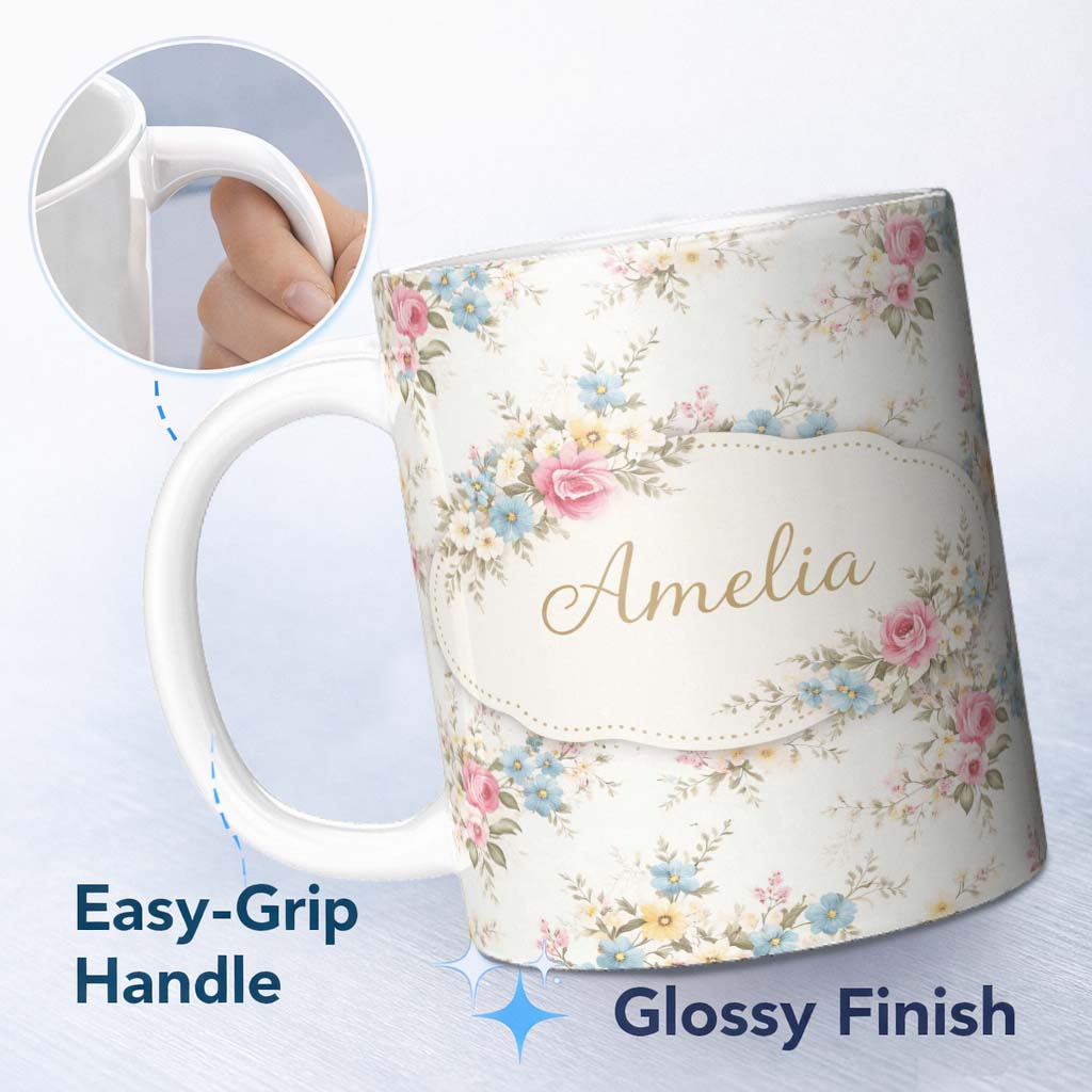 Personalized Custom Name Vintage Pastel Floral Seamless Pattern Stylish Everyday Mug Lovely 11oz Ceramic Coffee Tea Mug White Large Handle