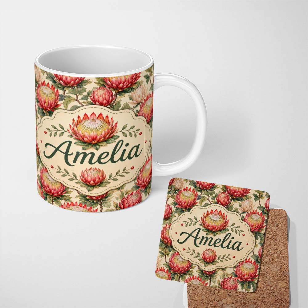 Personalized Custom Name Red and Cream Protea Floral Botanical Seamless Pattern Lovely 11oz Ceramic Coffee Tea Mug White Large Handle