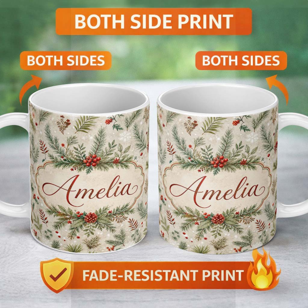 Personalized Custom Name Winter Botanical Pine Branch Berry Snowflake Seamless Pattern Lovely 11oz Ceramic Coffee Tea Mug White Large Handle