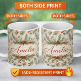 Personalized Custom Name Winter Botanical Pine Branch Berry Snowflake Seamless Pattern Lovely 11oz Ceramic Coffee Tea Mug White Large Handle