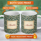 Personalized Custom Name Playful Picnic Baskets and Fruit Dark Background Seamless Pattern 11oz Ceramic Coffee Tea Mug White Large Handle