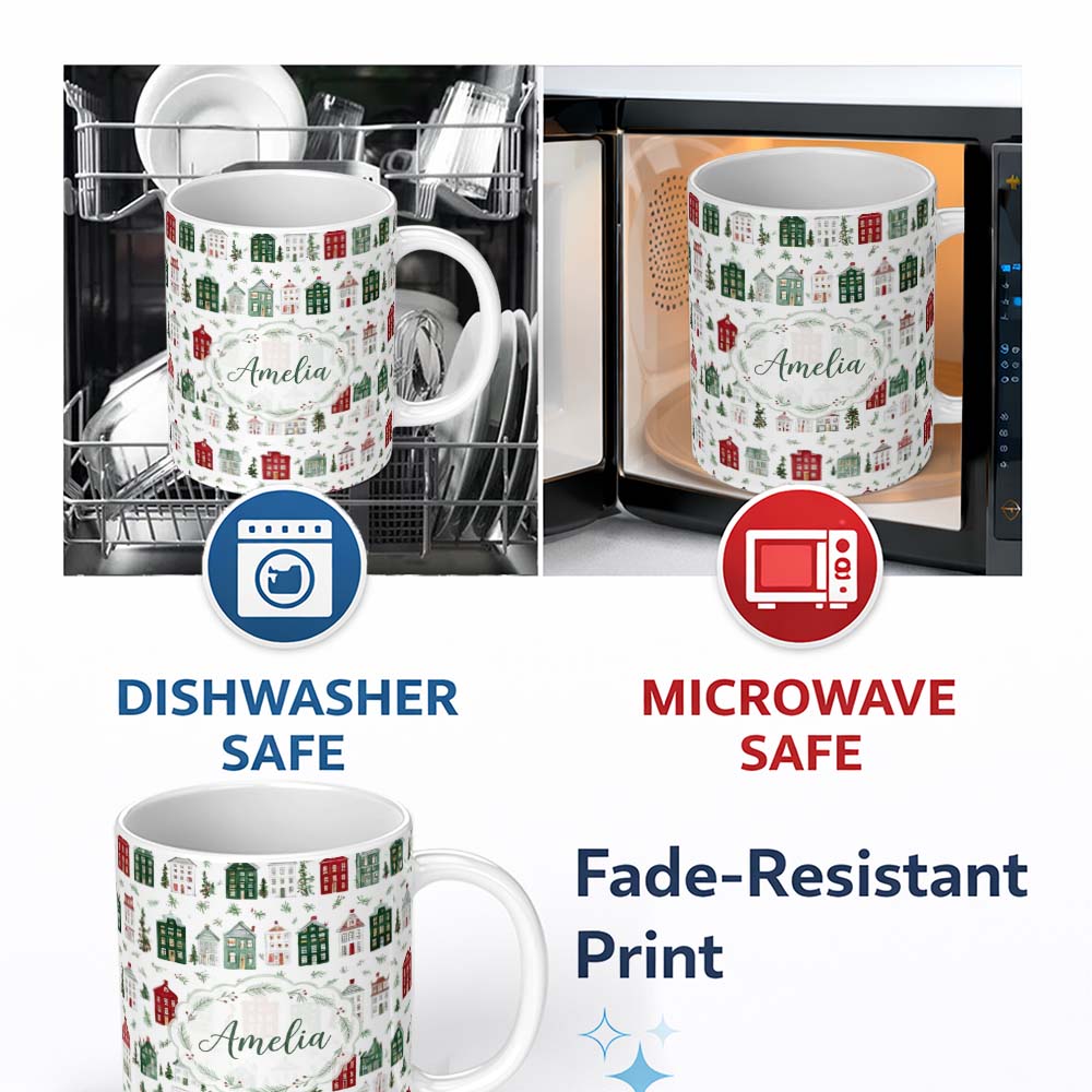 Personalized Custom Name Watercolor Christmas Holly Berry Wreath Pattern Festive Winter 11oz Ceramic Coffee Tea Mug White Large Handle
