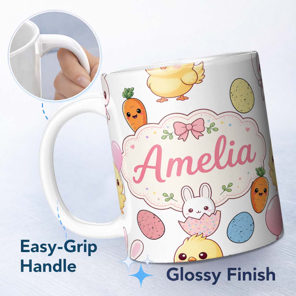 Personalized Custom Name Cute Easter Bunny Chick Carrots Eggs Polka Dot Seamless Pattern Grey 11oz Ceramic Coffee Tea Mug White Large Handle