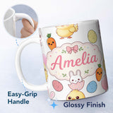 Personalized Custom Name Cute Easter Bunny Chick Carrots Eggs Polka Dot Seamless Pattern Grey 11oz Ceramic Coffee Tea Mug White Large Handle