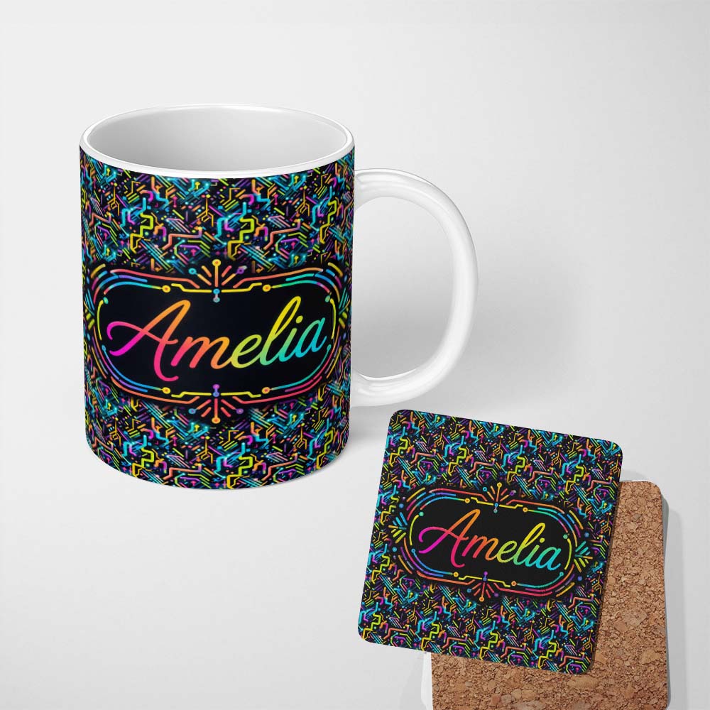 Personalized Custom Name Neon Circuit Board Lines Abstract Technology Pattern on Dark Lovely 11oz Ceramic Coffee Tea Mug White Large Handle
