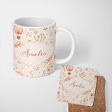 Personalized Custom Name Watercolor Hot Air Balloon Floral Botanical Seamless Pattern Lovely 11oz Ceramic Coffee Tea Mug White Large Handle