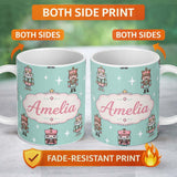 Personalized Custom Name Cute Nutcracker Soldiers Christmas Toy Characters Pattern Teal 11oz Ceramic Coffee Tea Mug White Large Handle