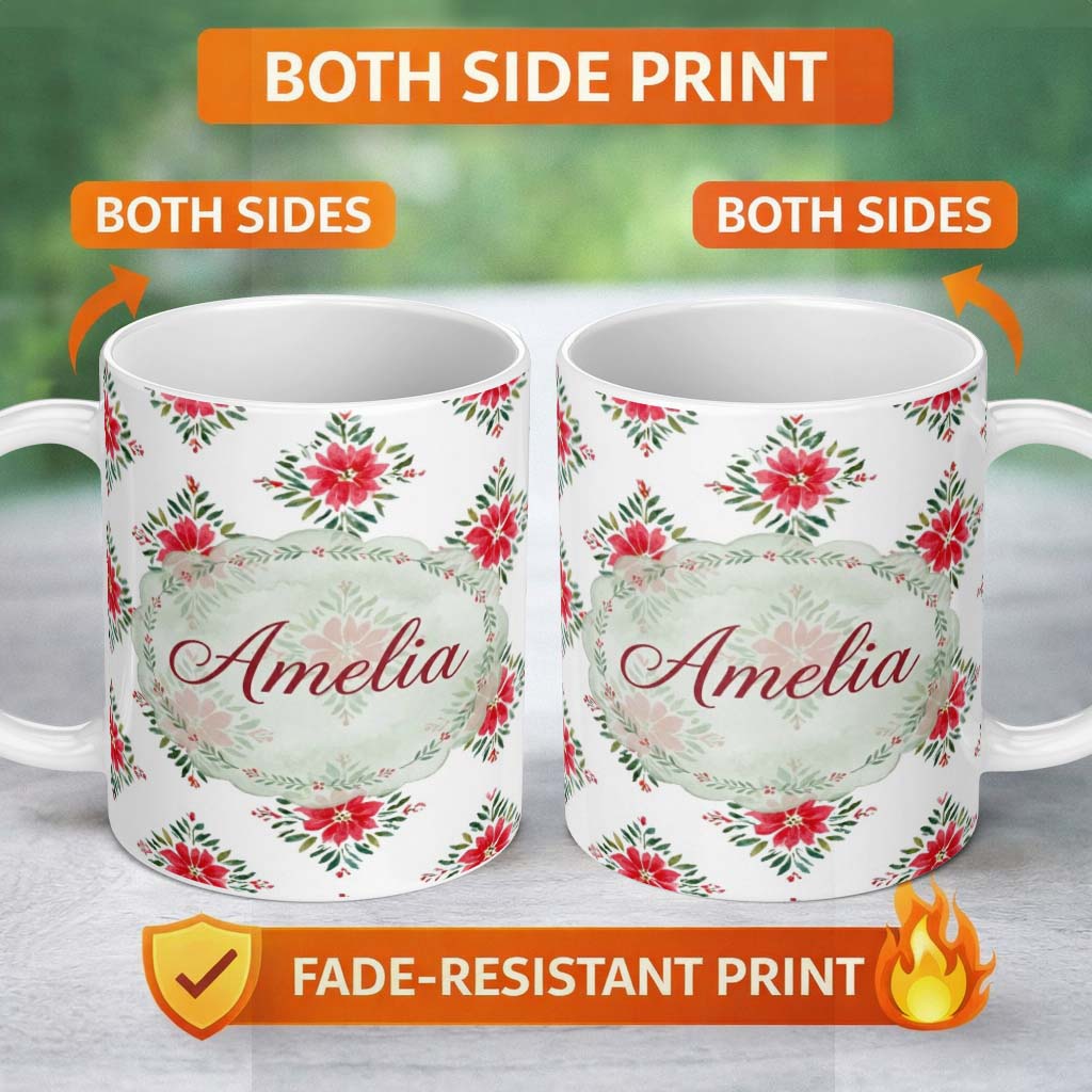 Personalized Custom Name Watercolor Poinsettia Floral Christmas Seamless Pattern with Lovely 11oz Ceramic Coffee Tea Mug White Large Handle