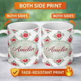 Personalized Custom Name Watercolor Poinsettia Floral Christmas Seamless Pattern with Lovely 11oz Ceramic Coffee Tea Mug White Large Handle