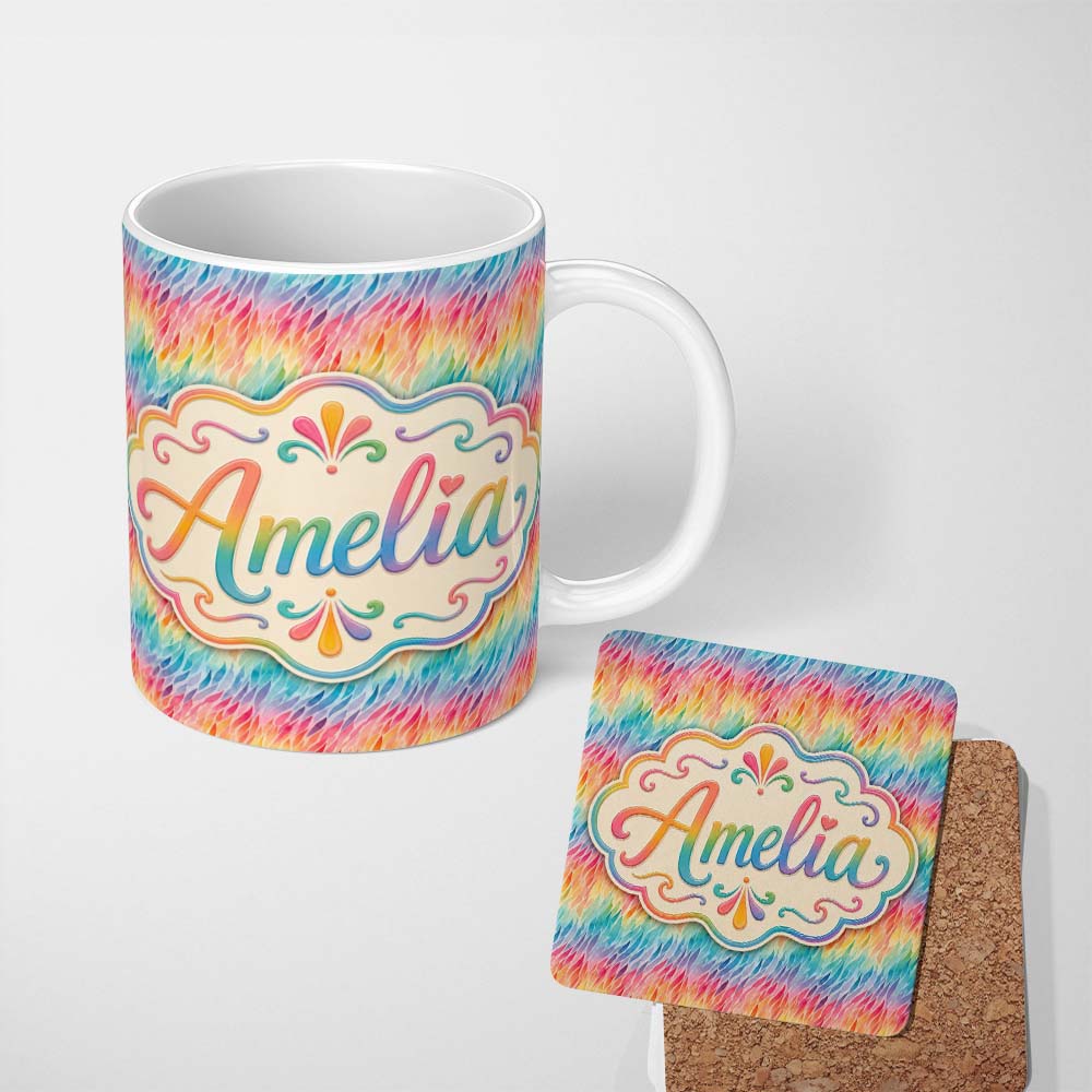 Personalized Custom Name Geometric Rainbow Curved Blocks Pattern Seamless Pattern Lovely 11oz Ceramic Coffee Tea Mug White Large Handle