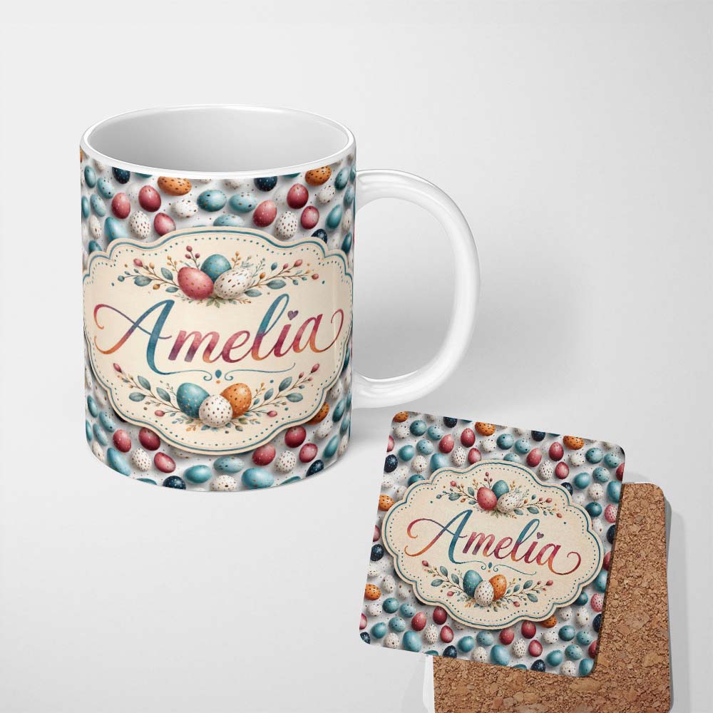 Personalized Custom Name Colorful Speckled Easter Eggs on Light Background Seamless Pattern 11oz Ceramic Coffee Tea Mug White Large Handle