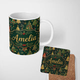 Personalized Custom Name Vintage Christmas Trees with Red Gold Ornaments and Festive Stars 11oz Ceramic Coffee Tea Mug White Large Handle