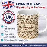 Personalized Custom Name Coffee Cups and Beans Neutral Cafe Theme Seamless Pattern Lovely 11oz Ceramic Coffee Tea Mug White Large Handle