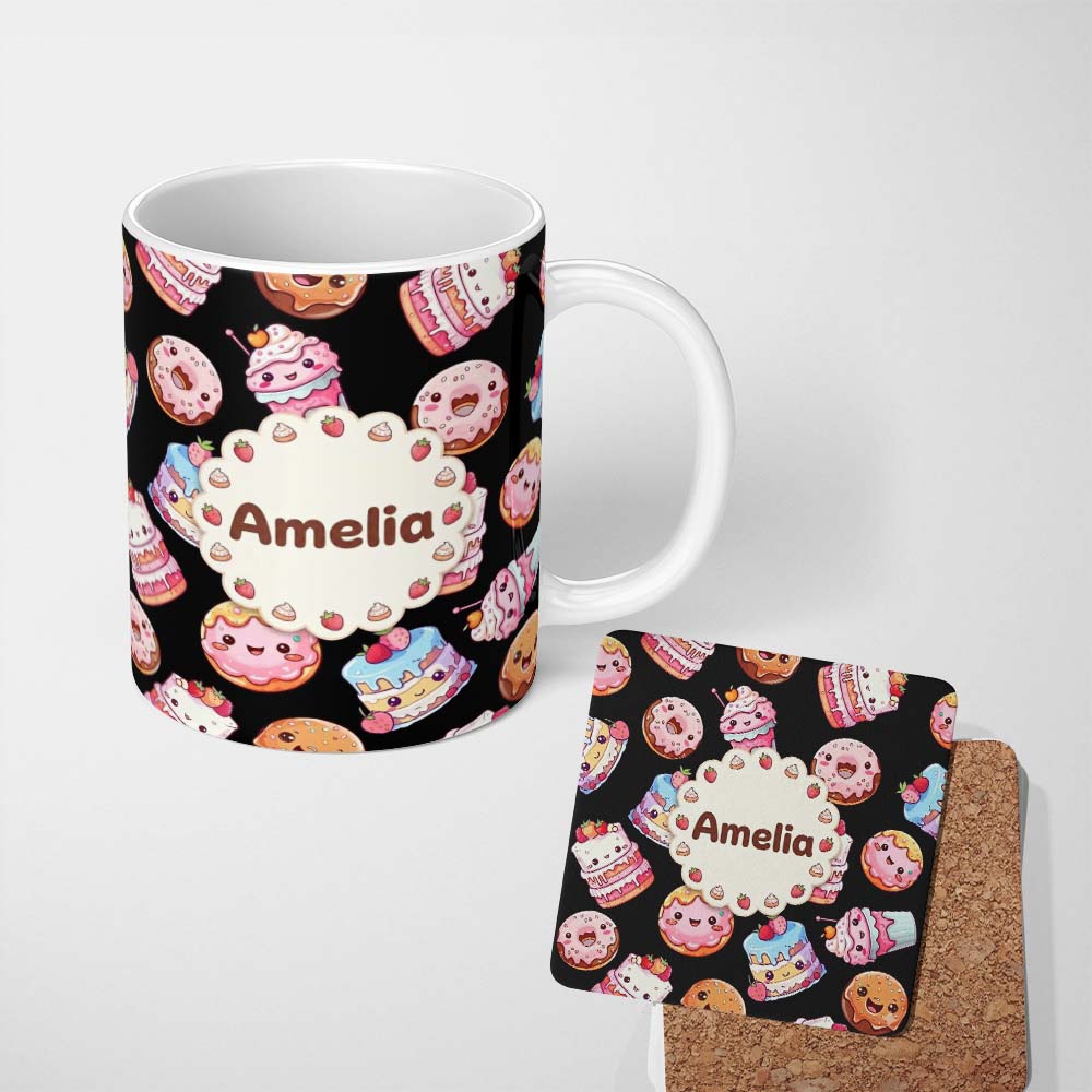 Personalized Custom Name Cute Kawaii Donuts Cakes and Cupcakes with Smiling Faces Seamless 11oz Ceramic Coffee Tea Mug White Large Handle