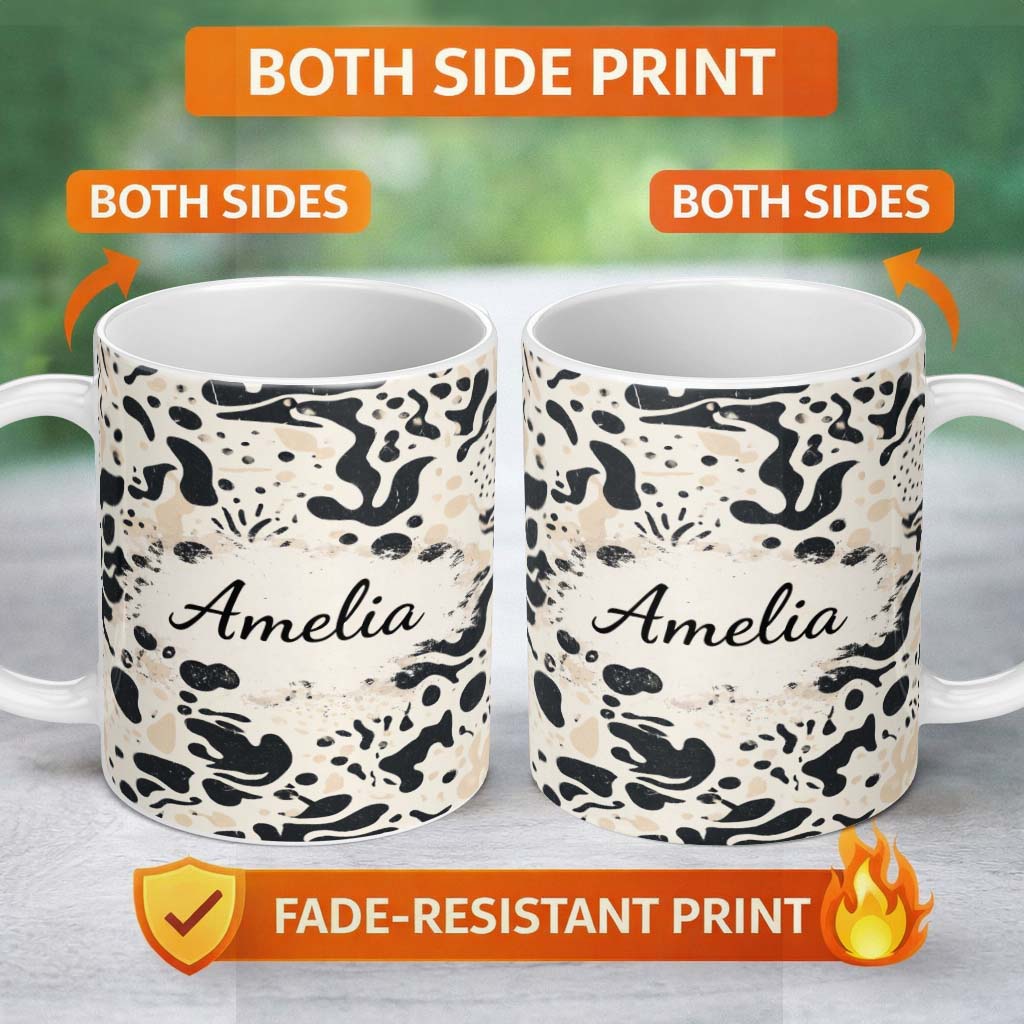 Personalized Custom Name Abstract Organic Blobs Black Beige Modern Artistic Pattern Lovely 11oz Ceramic Coffee Tea Mug White Large Handle