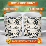 Personalized Custom Name Abstract Organic Blobs Black Beige Modern Artistic Pattern Lovely 11oz Ceramic Coffee Tea Mug White Large Handle